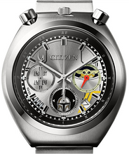 Dial close‑up of Citizen × Star Wars Mandalorian Tsuno Chrono Quartz Limited Edition, chronograph sub‑dials with Mandalorian sigil accent. Shop Watchoutz.com