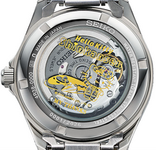 Seiko × Hello Kitty 500 Series Finale exhibition caseback, automatic movement visible with commemorative engraving. Shop Watchoutz.com.