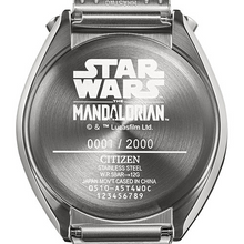 Citizen × Star Wars Mandalorian Tsuno Chrono Quartz Limited Edition caseback, engraved Mandalorian & Star WARS motif with serial number & detail. Shop Watchoutz.com