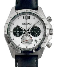 Seiko × Yamaha XSR Chronograph dial detail, brushed metal finish, XSR logo, dashboard‑style chronograph design.