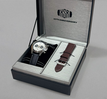 Seiko × Yamaha XSR Chronograph special edition case, lined interior with embossed XSR logo, motorcycle heritage styling.