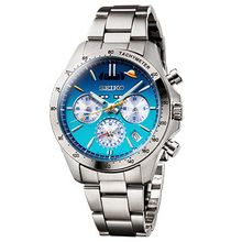 Seiko × One Piece Shinkansen Setouchi Blue Limited Edition Quartz Chronograph front full view.

