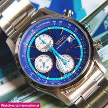 Close-up of Seiko x ANA Boeing 777 30th Anniversary Limited Edition Quartz Chronograph dial showing aviation-inspired markers and chronograph subdials.