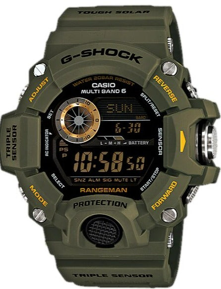Casio G-Shock Tough Solar Multi Band 6 Triple Sensor Rangeman Military Green GW9400-3 GW-9400-3CR. Available at Watchoutz.com, Hong Kong's top online watch retailer with a physical shop. Enjoy fast, secure international shipping and shop for genuine Japanese watches with over 13 years of exceptional service and reputation. Visit Watch Outz International for your next horology treasure hunt.