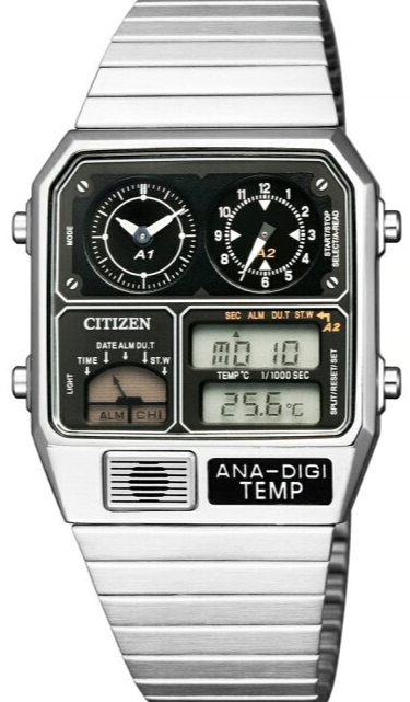 Citizen Retro Analog-Digital Temperature Display ANA-DIGI-Temp Silver JG2101-78E. Available at Watchoutz.com, Hong Kong's top online watch retailer. Enjoy fast, secure international shipping and shop genuine Japanese watches with over 13 years of exceptional service. Visit Watch Outz International for your horology treasure hunt.