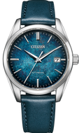 Citizen Silver Leaf Lacquer NB1060-12L watch from @watchoutz.com. Deep dark galaxy blue dial fades to black at the edges, 38.2mm case diameter, 12mm thickness, Duratec hard coating, Miyota caliber 9011 automatic movement, 4Hz beat rate, 42-hour power reserve