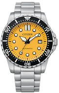 Citizen NJ0170‑83Z mechanical automatic watch front view with mango yellow dial and date display. Available at Watchoutz.com
