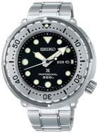 Seiko Prospex Marine Master Tuna S23633J1 quartz diver watch with black dial and luminous markers, iconic shrouded stainless steel case, unidirectional rotating bezel with bold markers.