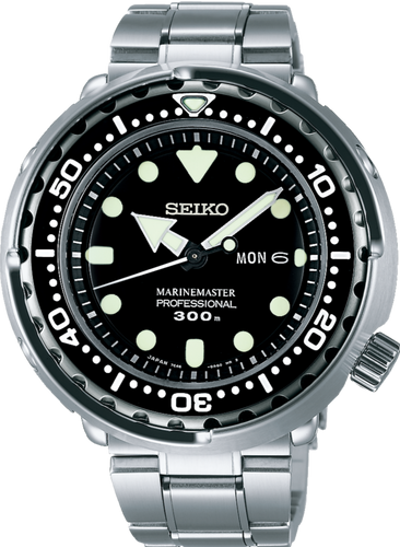 Seiko Prospex Marine Master Quartz Professional 300M Scuba Diver Tuna Silver Bracelet Discontinued www.watchoutz.com