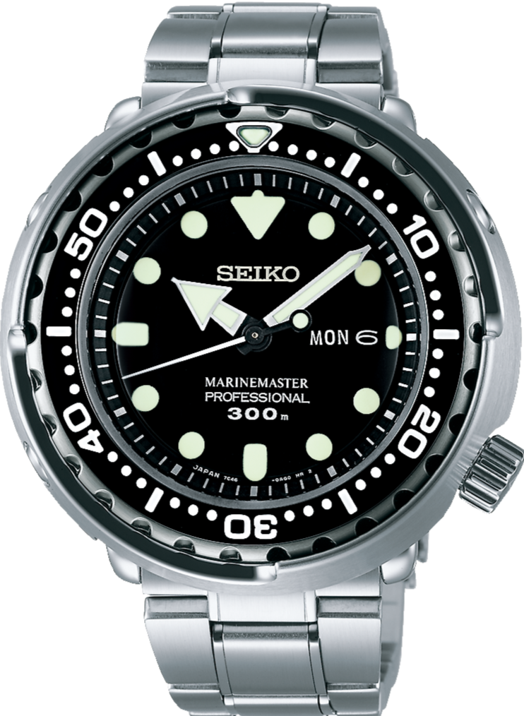 Seiko Prospex Marine Master Quartz Professional 300M Scuba Diver Tuna Silver Bracelet Discontinued www.watchoutz.com