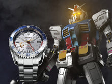 Seiko Prospex Mobile Suit Gundam 40th Anniversary Limited Model SBDB033 watch with a titanium case, hard coating, and sapphire glass with super clear coating. Features include a Spring Drive GMT movement, gray, blue, and red color scheme, and a 100m water resistance. Limited edition, with a 44.8mm case size and three-day power reserve. Learn more on WatchOutz.com.