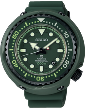 Seiko Prospex X Gundam 40th Anniversary Zaku II Mechanical Automatic Professional 1000M Diver Tuna Can SLA029 watch with a pure titanium case, ceramic shroud, and stainless steel bezel. Features include sapphire glass crystal, silicon band, and 8L35 caliber automatic movement. The watch has a 52.4mm diameter, 17.2mm thickness, and is waterproof up to 1000 meters. Limited edition, with LumiBrite coating, screw lock crown, and reverse rotation prevention bezel. Watchoutz.com. Rare Seiko. No Fake