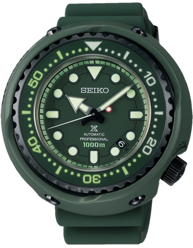 Seiko Prospex X Gundam 40th Anniversary Zaku II Mechanical Automatic Professional 1000M Diver Tuna Can SLA029 watch with a pure titanium case, ceramic shroud, and stainless steel bezel. Features include sapphire glass crystal, silicon band, and 8L35 caliber automatic movement. The watch has a 52.4mm diameter, 17.2mm thickness, and is waterproof up to 1000 meters. Limited edition, with LumiBrite coating, screw lock crown, and reverse rotation prevention bezel. Watchoutz.com. Rare Seiko. No Fake