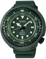Seiko Prospex X Gundam 40th Anniversary Zaku II Mechanical Automatic Professional 1000M Diver Tuna Can SLA029 watch with a pure titanium case, ceramic shroud, and stainless steel bezel. Features include sapphire glass crystal, silicon band, and 8L35 caliber automatic movement. The watch has a 52.4mm diameter, 17.2mm thickness, and is waterproof up to 1000 meters. Limited edition, with LumiBrite coating, screw lock crown, and reverse rotation prevention bezel. Watchoutz.com. Rare Seiko. No Fake