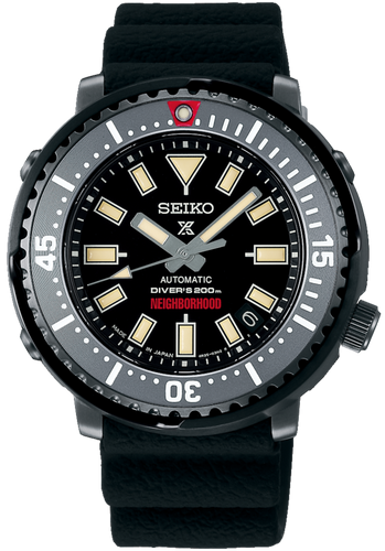 Seiko Prospex x Neighborhood Limited Edition Tuna SBDY077: Automatic Diver 200M with rugged black case, bold white indices, and distinct Neighborhood design. Buy brand new Japanese genuine watches at Watchoutz.com, enjoy fast international shipping and top notch online shopping experiences. Satisfy customers proven from Trustpilot. Visit Watchoutzinternational for watches