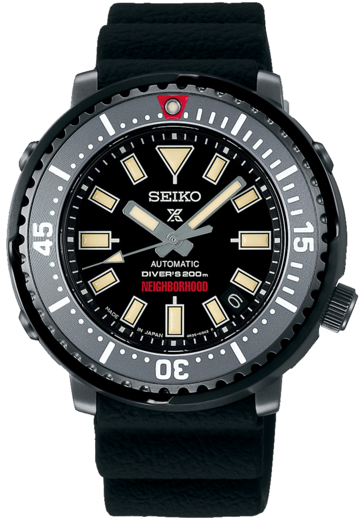 Seiko Prospex x Neighborhood Limited Edition Tuna SBDY077: Automatic Diver 200M with rugged black case, bold white indices, and distinct Neighborhood design. Buy brand new Japanese genuine watches at Watchoutz.com, enjoy fast international shipping and top notch online shopping experiences. Satisfy customers proven from Trustpilot. Visit Watchoutzinternational for watches