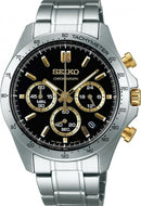 Front view of Seiko Spirit Quartz Chronograph Tachymeter JDM Black-Gold Dial SBTR015. Shop watchoutz.com.