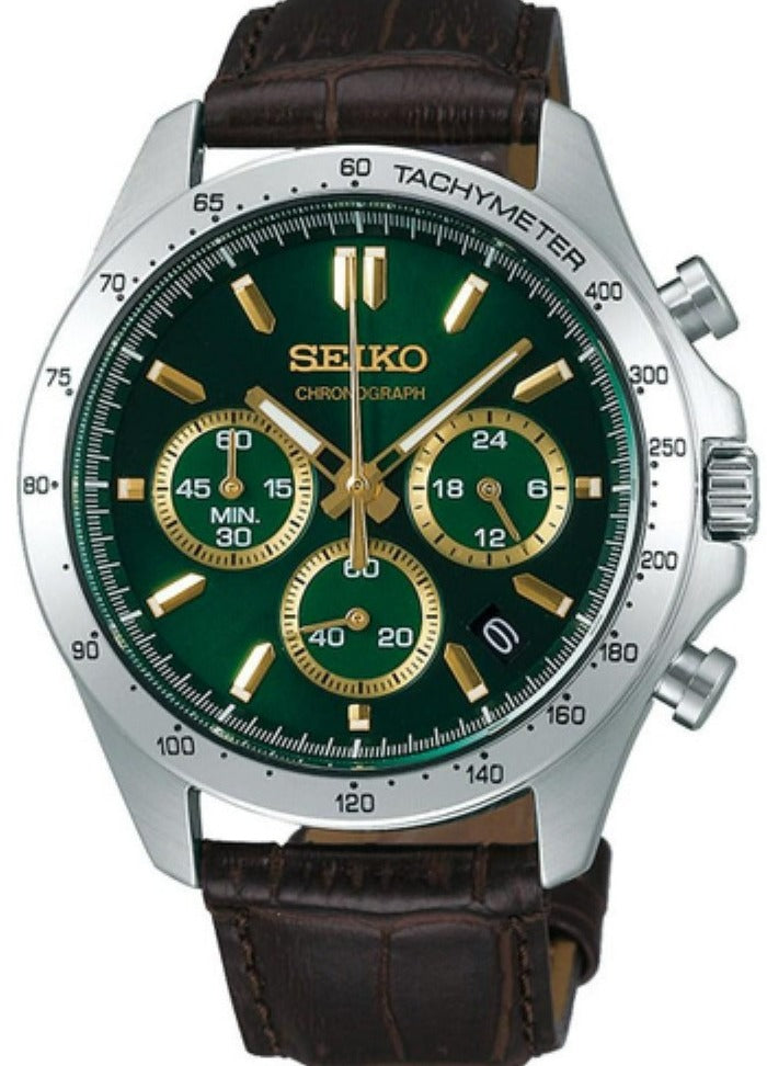 Seiko Spirit Quartz Chronograph Green Dial Brown Leather Band SBTR017 www.watchoutz.com