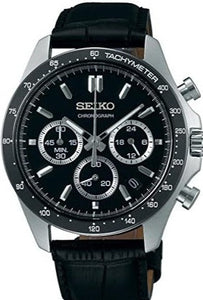 Seiko Spirit Quartz Chronograph Tachymeter, model SBTR021, featuring a sleek black dial, leather strap. JDM exclusive watch with precise chronograph function, tachymeter scale, and durable stainless steel case. Luminescent hands and markers for easy readability. Ideal for professional and casual wear. Available now at Watchoutz.com: fast shipping, exceptional customer service, seamless shopping experience, and a community of watch lovers. Buy new genuine Japanese watches from Watchoutzinternational. 