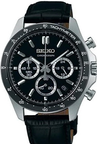 Seiko Spirit Quartz Chronograph Tachymeter, model SBTR021, featuring a sleek black dial, leather strap. JDM exclusive watch with precise chronograph function, tachymeter scale, and durable stainless steel case. Luminescent hands and markers for easy readability. Ideal for professional and casual wear. Available now at Watchoutz.com: fast shipping, exceptional customer service, seamless shopping experience, and a community of watch lovers. Buy new genuine Japanese watches from Watchoutzinternational. 