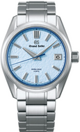 Front View of Grand Seiko Evolution 9 x the Association Japon de la Haute Horlogerie (AJHH) 2023 Limited Edition Spring Drive SLGA017, known as the "Blue Glacier" or "Skyflake", celebrating AJHH’s 30th Anniversary. Available at WatchOutz.com.