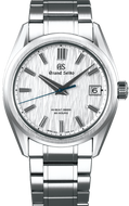 Grand Seiko SLGH005 White Birch Heritage Hi‑Beat front view stainless steel case and bracelet