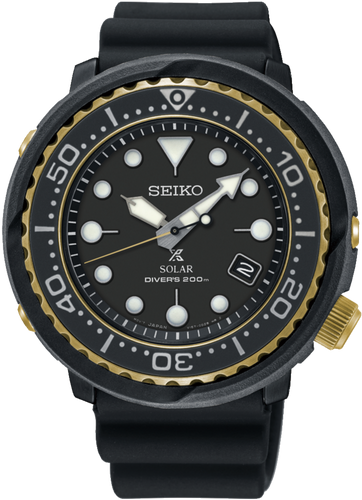 Seiko Prospex Solar 200M Diver Black Gold Tone Baby Tuna SNE556P1 www.watchoutz.com