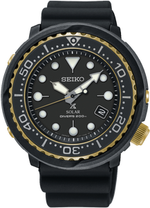 Seiko Prospex Solar 200M Diver Black Gold Tone Baby Tuna SNE556P1 www.watchoutz.com