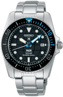 Seiko Prospex SNE575P1 PADI Solar Diver front view with black dial, red minute hand, and luminous markers.