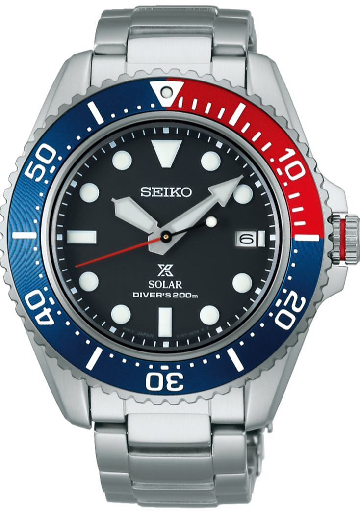 Seiko Prospex Solar 200M Scuba Diver Stainless Steel Red & Blue Bezel SNE591P1 SBDJ053 www.watchoutz.com