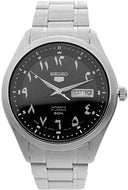 Seiko 5 Sports SNKP21J1 front view with Arabic numeral dial and stainless steel bracelet. Shop Watchoutz.com