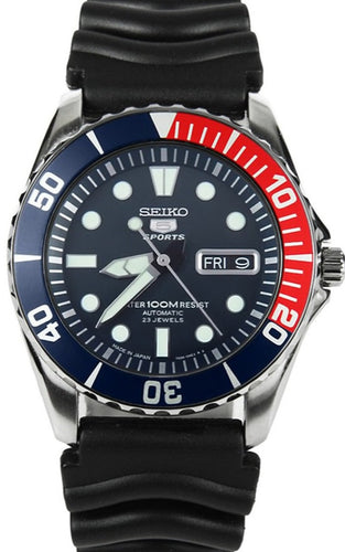 Seiko 5 Sports Automatic Diver SNZF15J2 Red Blue Bezel, Japan Made. Available at Watchoutz.com, your best online watch retailer based in Hong Kong, buy brand new genuine Japanese watches with confidence, fast international shipping, Satisfied customers proven. Visit Watchoutzinternational for your next horology hunt.