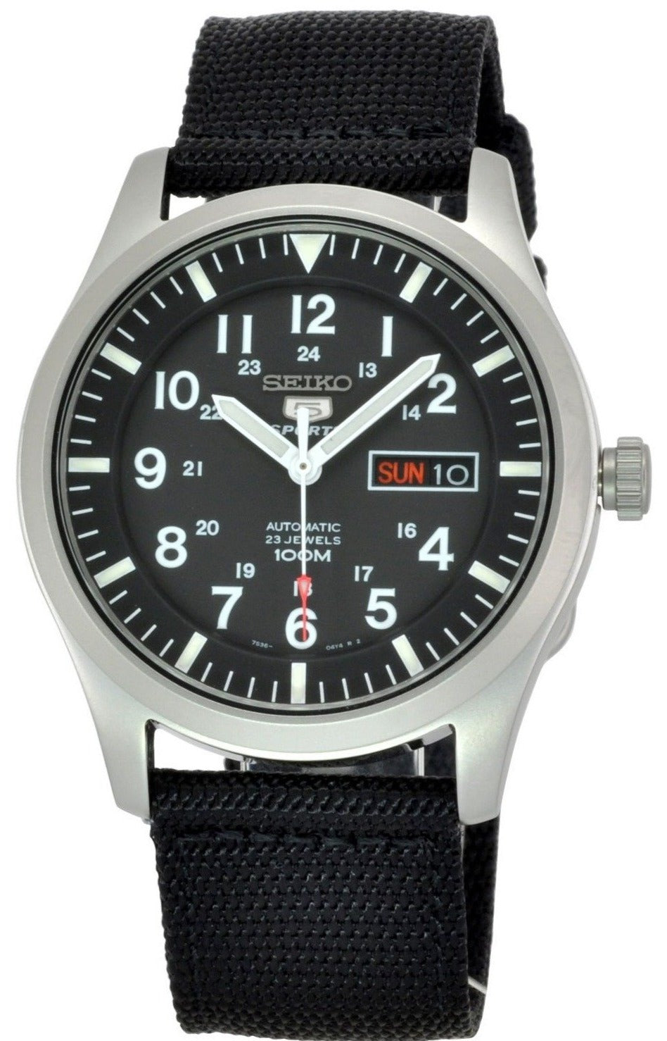 SEIKO 5 SPORTS AUTOMATIC 100M BLACK NYLON STRAP SNZG15K1 www.watchoutz.com