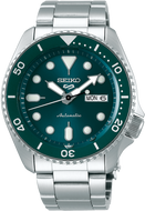 Front view Seiko 5 Sports SRPD61 Automatic watch — stainless steel case, green dial, sporty design | WatchOutz