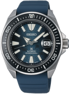Front view of Seiko Prospex Mechanical Automatic Diver's 200M 2021 "Save the Ocean" Manta Ray Dial King Samurai SRPF79K1. By Watchoutz.com.