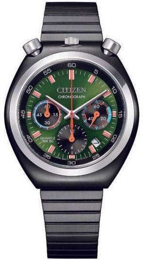 Citizen Retro Quartz Chronograph Bullhead Record Label Tsuno Chrono Limited Edition Green Dial AN3665-70W www.watchoutz.com