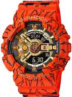 Casio G‑Shock Dragon Ball Z GA‑110JDB‑1A4 front view with orange case, gold accents, and four‑star ball dial motif
