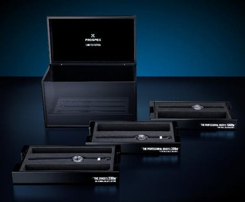 SEIKO PROSPEX DIVER'S WATCH 55TH ANNIVERSARY SPECIAL COMMEMORATIVE BOX. Includes SLA037, SLA039, and SLA041 models. Celebrate 55 years of Seiko's excellence in dive watches with this special edition set. Featuring a robust design, superior functionality, and timeless style, these watches are perfect for diving enthusiasts and collectors alike. Available now at Watchoutz.com: fast shipping, exceptional customer service, and a seamless shopping experience, only with Watchoutzinternational